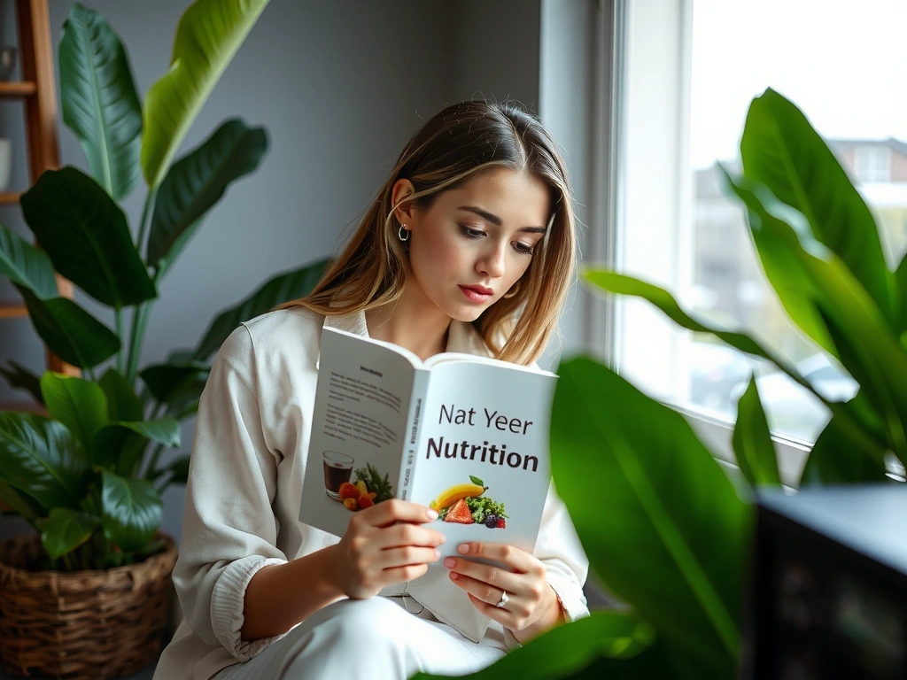 Femeie citind o carte despre nutriție într-un cadru natural