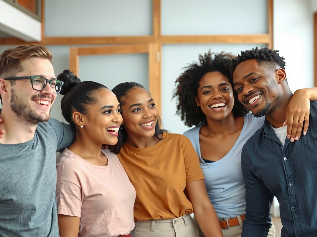 Grup de oameni zâmbitori, interacționând într-un cadru prietenos
