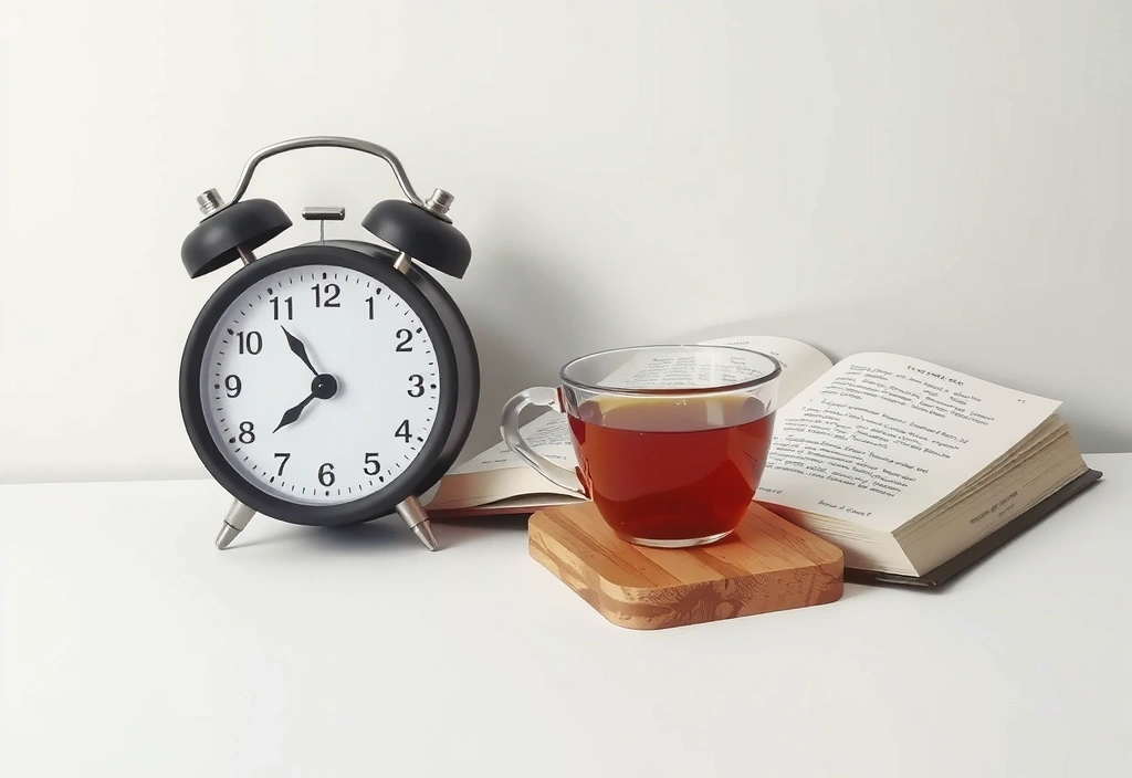 Ceas deșteptător lângă o carte și o cană de ceai, simbolizând un somn odihnitor