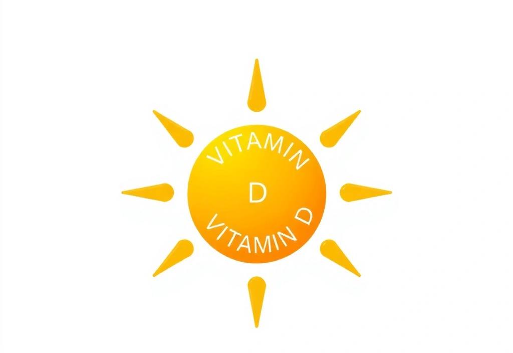 Soare stilizat și picătură de lichid, simbolizând vitamina D