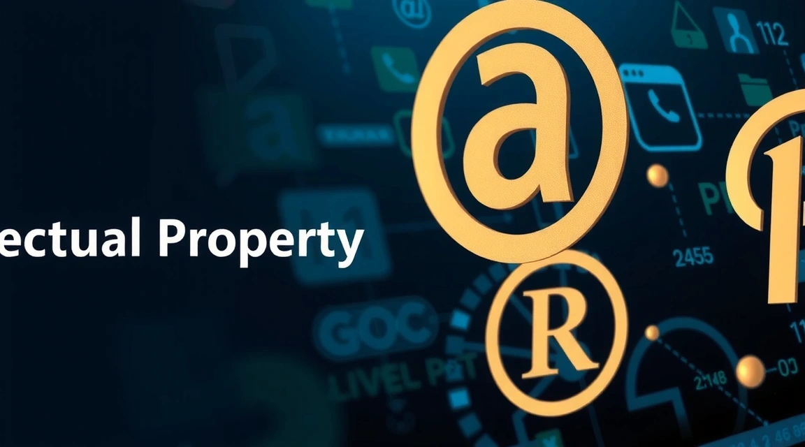Imagine abstractă reprezentând proprietatea intelectuală, cu simboluri de copyright și mărci înregistrate, pe un fundal digital stilizat.